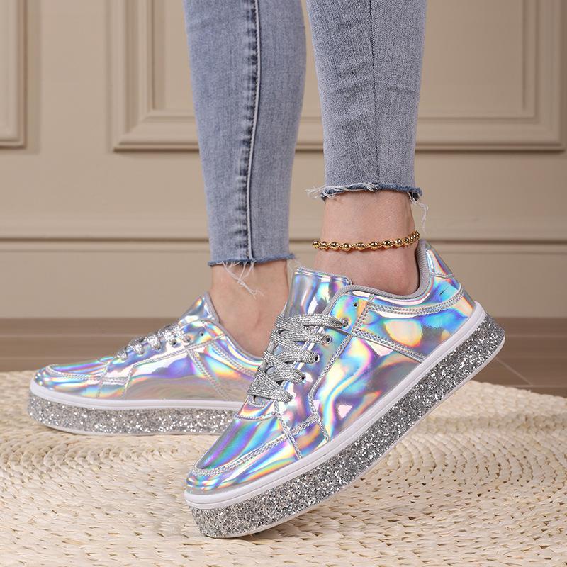 Trendy Casual Plateau-Sneakers im koreanischen Stil Neue glänzende Mode Low-Top-Schnürschuhe flache Schuhe Paar Modeschuhe