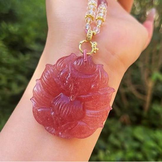 Strawberry Crystal Nine-Tailed Fox Necklace & Sweater Chain In New Chinese Style with Fox Fur Accents
