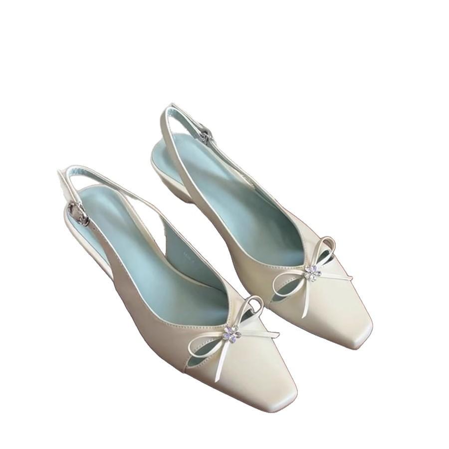 Sheepskin version~ French rhinestone bow hollowed out gentle wind bag head sandals back strap temperament thick heel single shoes women