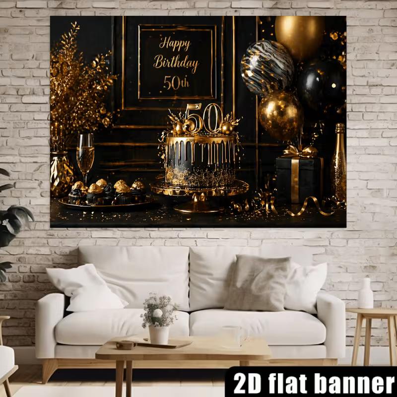 2D Black Gold Glitter 50th Birthday Background Banner for Adult Anniversary Party Decor