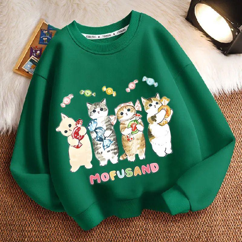 Cute Cat Round-neck Sweatshirt for Children, Fashionable Long-sleeved Casual Sweatshirt for Boys and Girls in Spring and Autumn