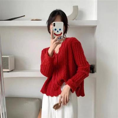 Korean Sweater V-neck Fried Dough Twists Knitting Wavy Edge Knitwear Cardigan Women Autumn Top Coat Cardigan Sweater Women