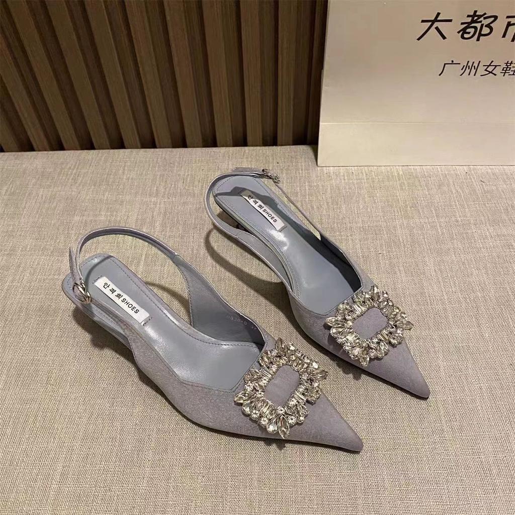 Rhinestone Square Buckle High Heels Women'S Thin Heels Pointed Head Shallow Mouth Empty Single Shoes Bag Head Sandals