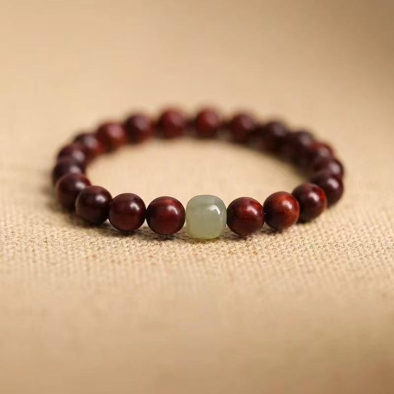 Unisex Sandalwood & Hetian Jade Bracelet with High-Density Wenge Wood & Golden Star Beads