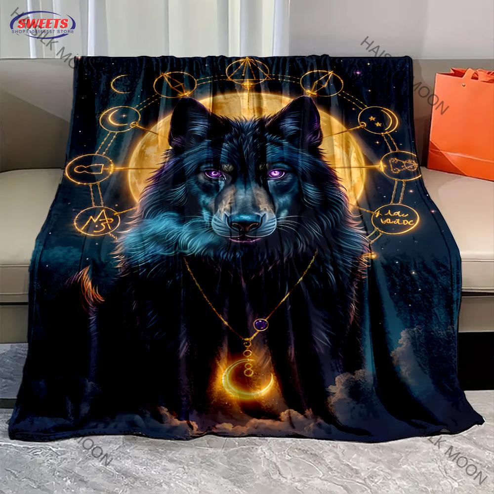 6 Sizes Mysterious Black Wolf Wolf Totem Print Flannel Blanket for Son Husband Dad,Super Soft Fluffy Bedroom Sofa Office Blanket