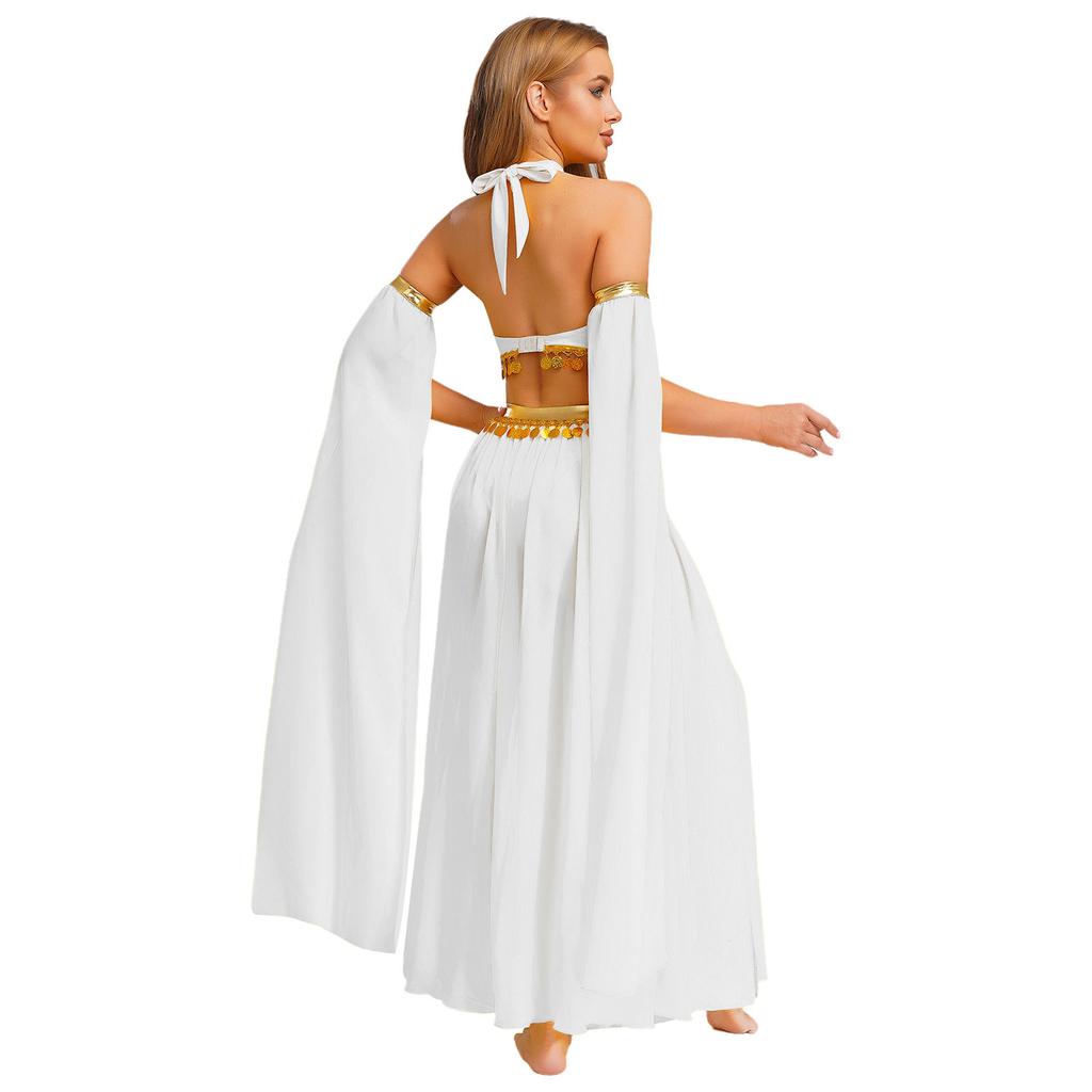 Women's Belly Dance Costume Set: Self-Tie Halter Crop Top with Built-In Briefs & Side Slit Chiffon Skirt + Removable Split Sleeves