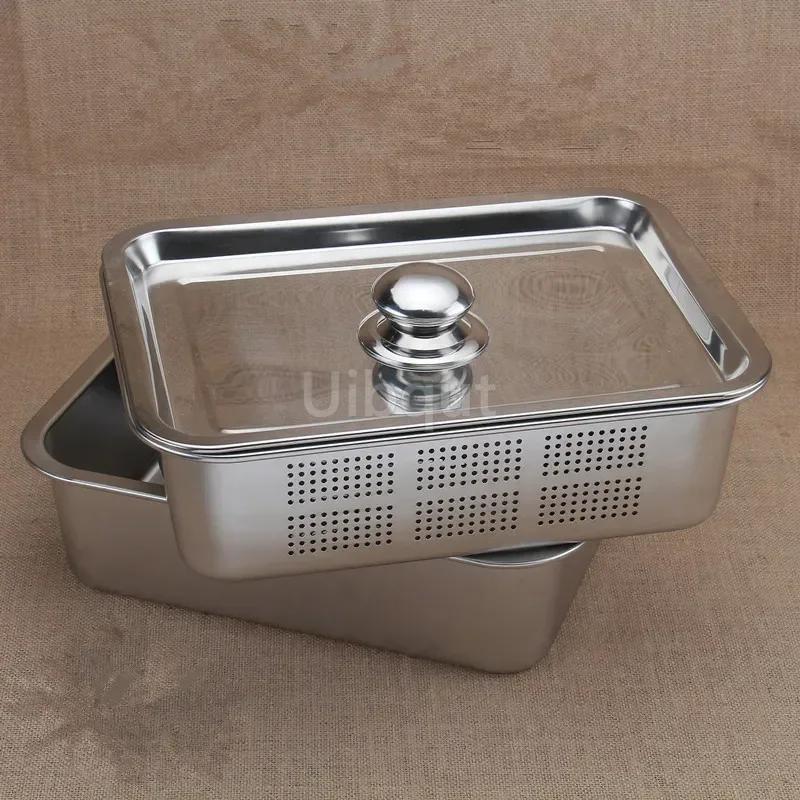 304 Tablett Edelstahl Aufbewahrungsschalen Leckplatte Loch Maschensieb Sieb Waschen Gemüse Becken Trocknen Wasserfilter Becken Deckel