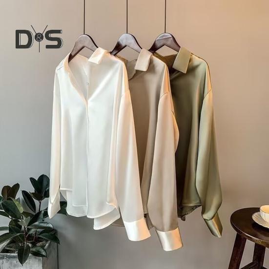 Damen-Hemd mit Revers, langärmelig, Pendler-Freizeithemd, einfarbig, lockere Passform, glattes Satin, Bürohemd für den Alltag