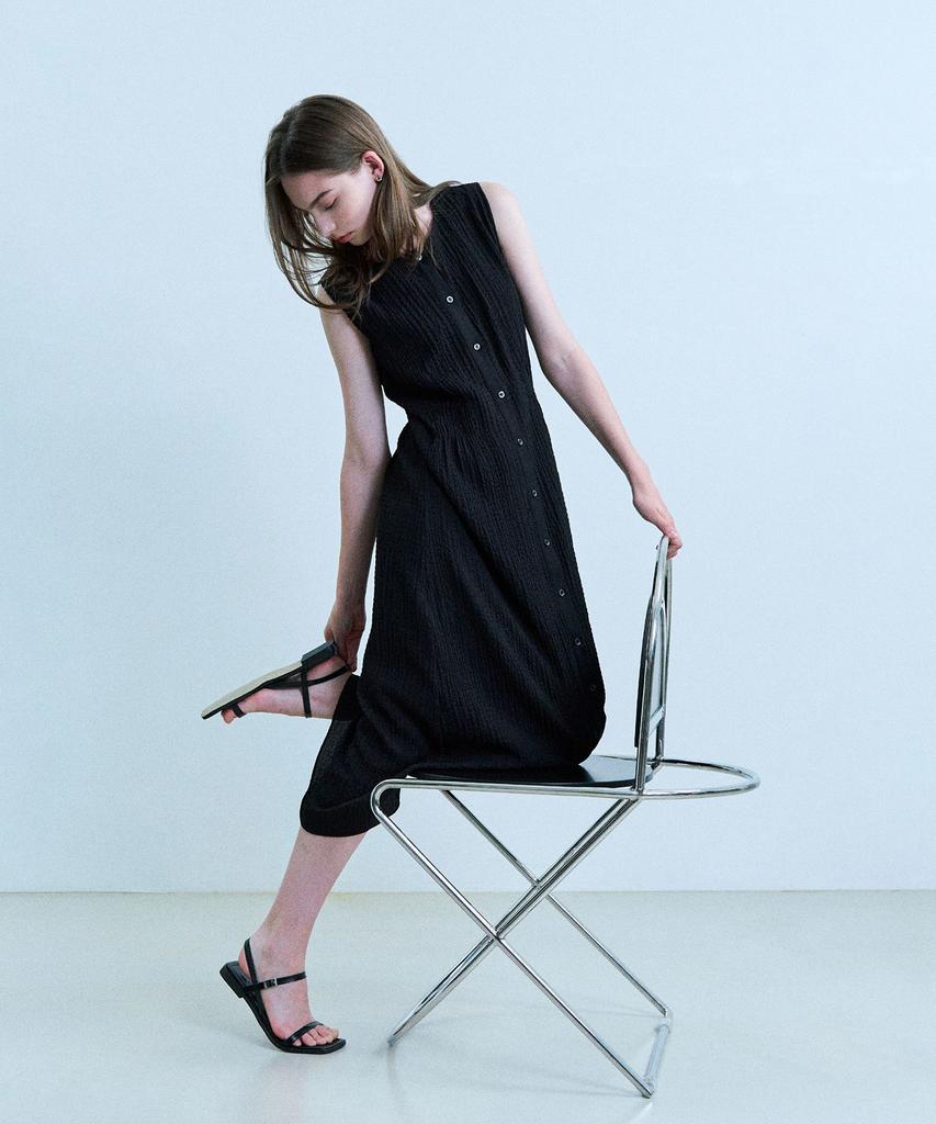 ADAUL Seersucker Sleeveless Shirred Long Dress - Black