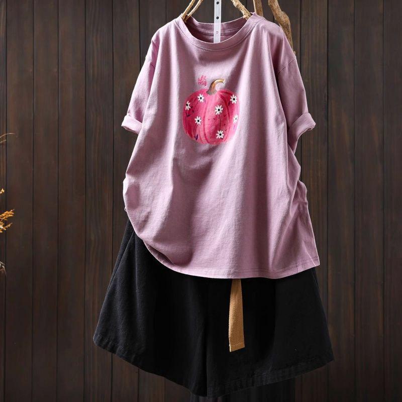 T-shirt for Women Summer Large Size Cotton Soft Loose Round Neck T-shirt Printed Casual Pullover T-shirt Top