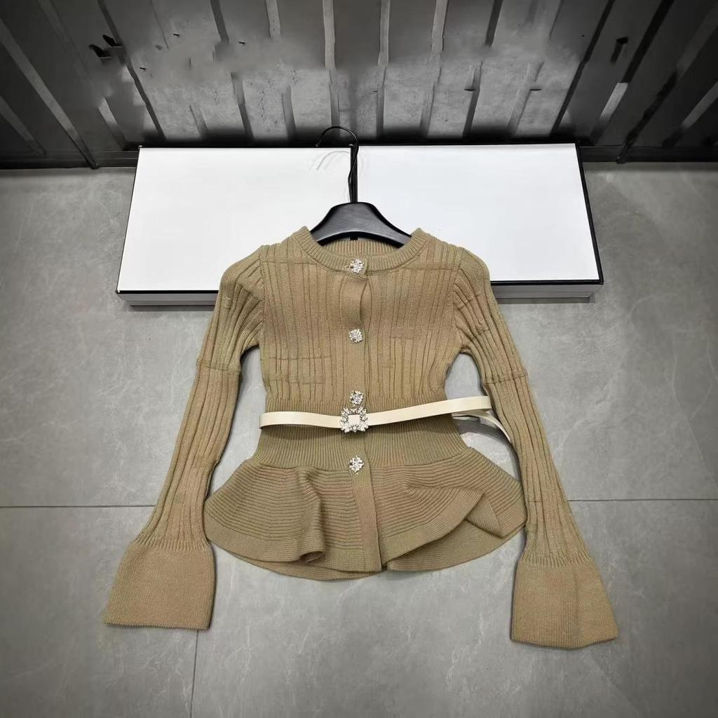 French Elegant Spring Knit Cardigan: Solid Color, Round Neck, Slimming Waist-Cinch, Long Sleeve, Versatile Top
