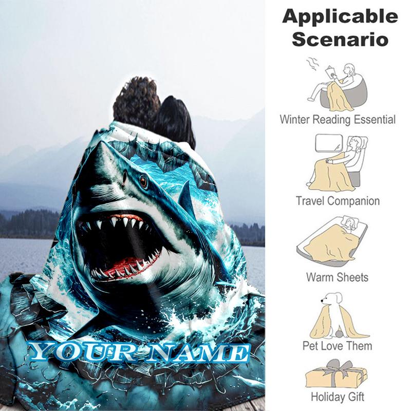 1PC Custom Name Oceanic Shark Adventure Flannel Blankets Patterns Throw Blanket All-Season Soft Gift for Couch, Bed, Camping Gifts