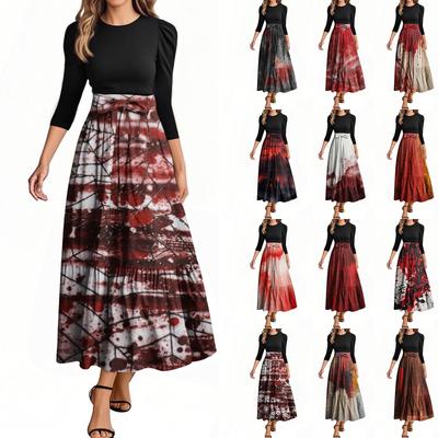 Women's Fashion Casual Belted Three-quarter Sleeve Round Neck Halloween Printed Elegant Temperament Dresses
