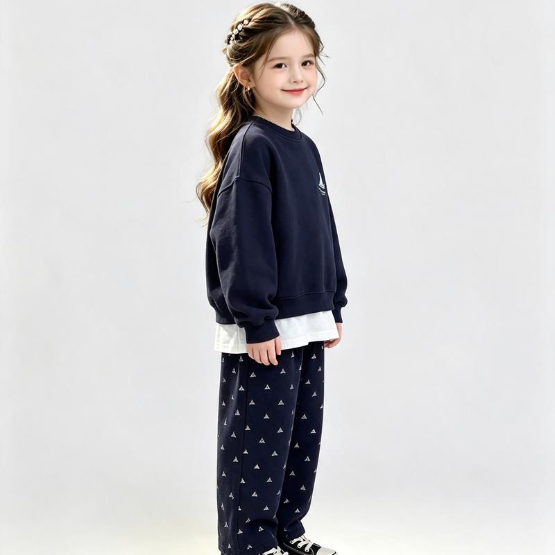 Girls' Navy Blue Hooded Sweatshirt & Floral Wide-Leg Pants