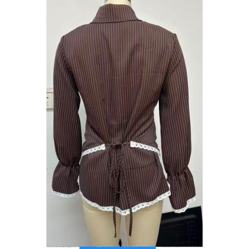 Women S Striped Long Sleeve Shirt Cross Design Elegant Blouse