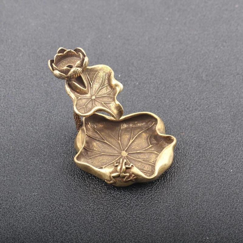 Rückfluss-Räuchergefäß aus antikem Messing mit Lotusblatt-Motiv, Dekorationen, massives reines Kupfer, Frosch, Lotusteich, Räuchergefäßhalter, Ornamente, Tee-Haustiere