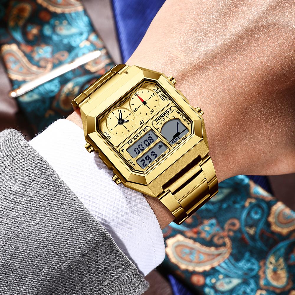 For FB0057 4 Subdials 40mm Simple Square Gold Chronograph Alarm Date Stainless Steel Business Waterproof WristWatch+ Gift Box