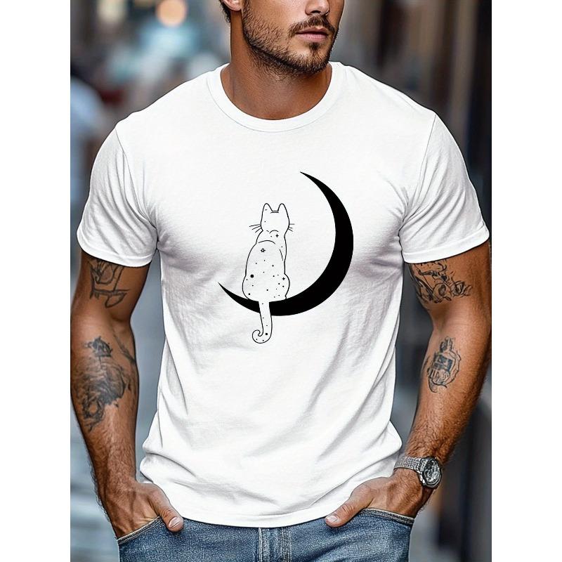 European Sizes Men'S Cat-Themed Moon Graphic Summer Casual Short-Sleeve T-Shirt