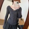 Women Spring Autumn French Style Knit Top Lace Patch Ruffle Lapel Fake 2‑piece Long Sleeve Elegant Slim Knitwear Pullover Blouse
