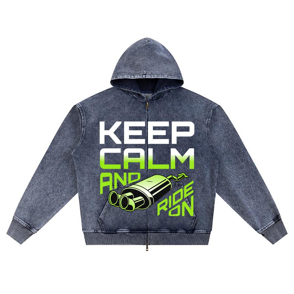 DTG Print Knitted Denim Zip-Up Hoodie Keep Calm And Ride On Brother Print Zipper Hoodies
