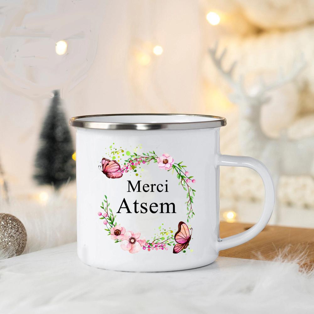 Merci Atsem In France Enamel Mugs Teacher's Day Drink Juice Coffee Dessert Cocoa Milk Handle Mug Festive Birthday Gifts