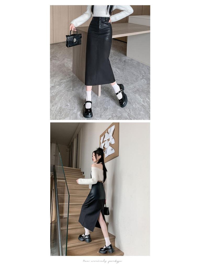 Elegant Women's Mid-Length Spliced Leather Skirt with Back Slit - High-Waist Autumn/Winter Pencil Skirt