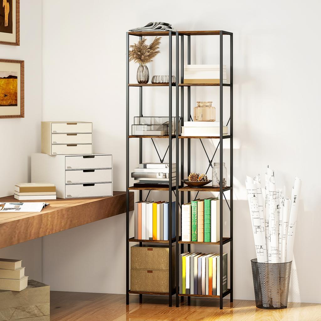 Set of 2 6-Level Bookshelves, Steel Frame, for Living Room, Office, Bedroom, Rustic Brown