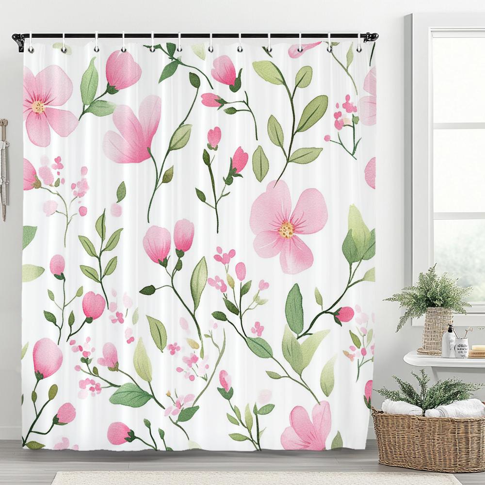 Rosebud Shower Curtain, Floral Plants, Spring Bathroom Decorative Shower Curtain, Waterproof Shower Curtain With Hooks