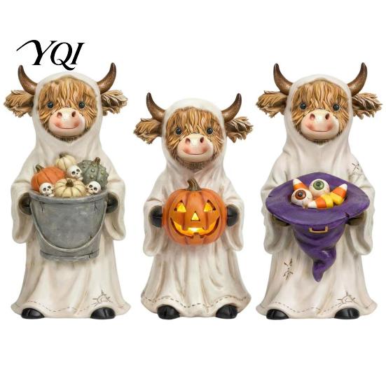 Holiday Desk Display 3Pcs Halloween Ghost Highland Cow Figurines, Resin Yak Statues with Pumpkin, Farmhouse Dark Aesthetic Gift Tabletop Ornaments for