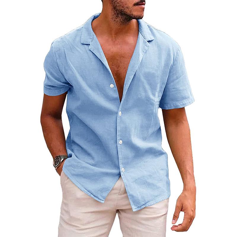 Chemise d'été à manches courtes en coton et lin pour homme avec col rabattu