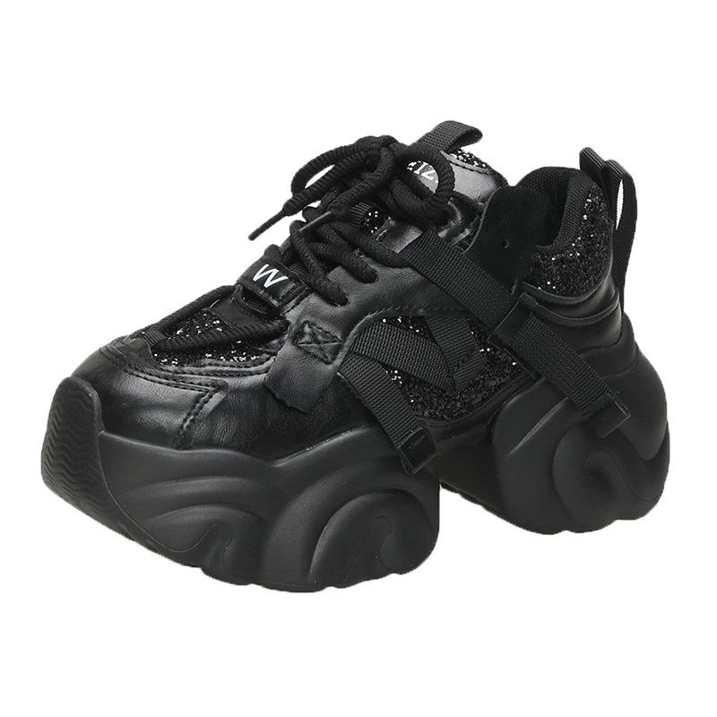 

Fashion Women s Spring Autumn Platform Sequin Sneakers Lace-up Chunky Heeled Casual Shoes for Woman Versatile Tennis Vulcanize Shoes 40 чорний