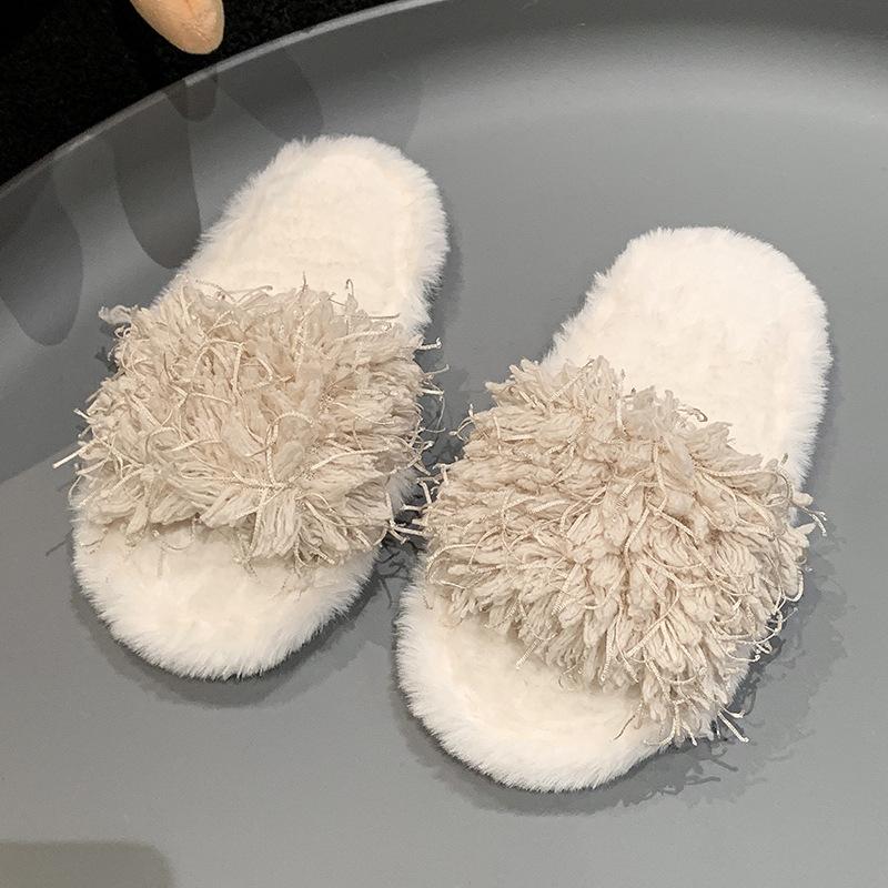 

Autumn and winter design sense one-word roll plush cotton slippers fluffy mop children s casual wear flat bottom bag head cotton mop light 30 хаки