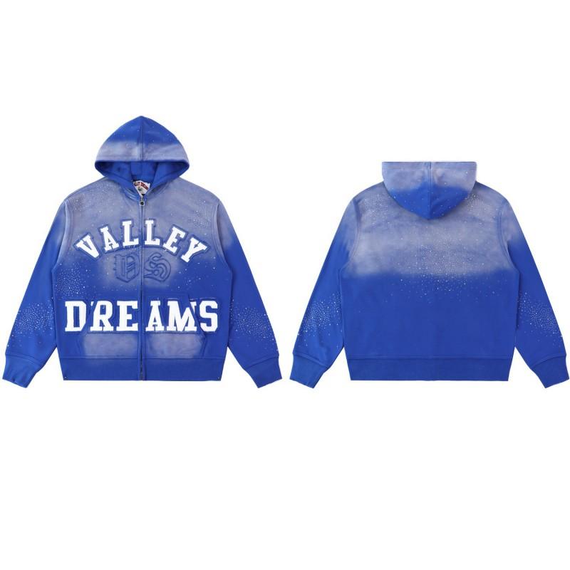 Felpa con cappuccio da uomo oversize con zip e dettagli ricamati con strass, cotone pesante, streetwear