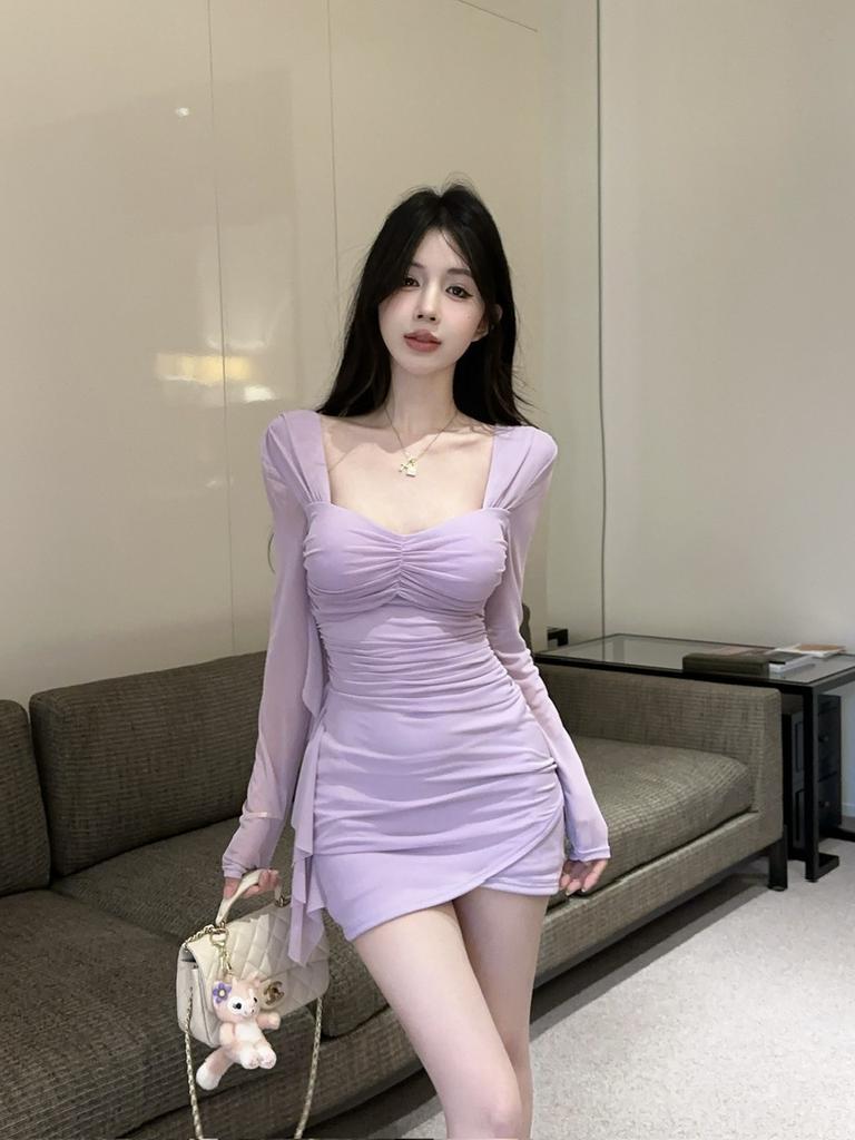 Autumn new sexy dress low-cut square neck mesh fringed slim-fit pleated hip-wrapped bottoming long-sleeved dress