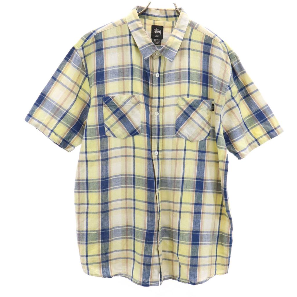 STUSSY Linen Blend Check Pattern Short sleeve shirt L Yellow Men's Used