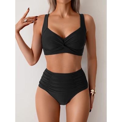 Sexy Black Two Piece Swimsuit Women Cross Pleate Push Up Padded Bikini Set Summer Bathing Suit Slim High Waist Swimwear Biquini