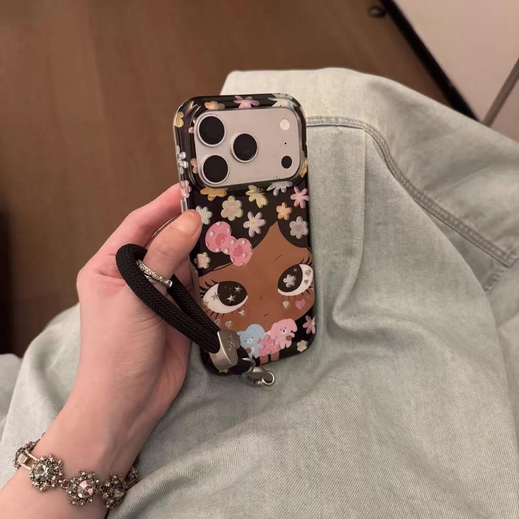 Summer ins Xiaoyu cartoon lanyard black leather for iPhone17promax Apple 16promax mobile phone case