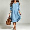 Women's Color V-Neck Elbow Sleeve Loose Fit Ruffle Hem Dress for Summer Daily Wear