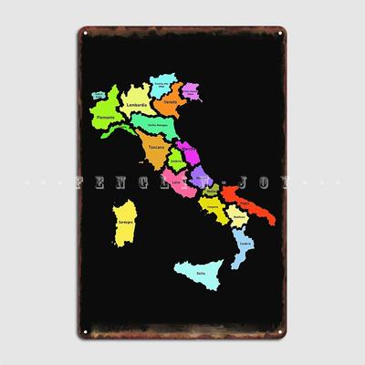DORA Tin Sign Italy Regions Map And Names Metal Plaque Poster Club Party Party Designing Poster Tin Sign Poster