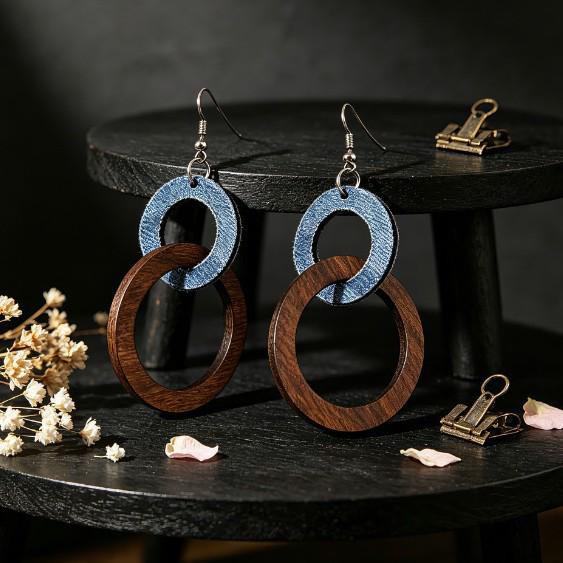 Handmade Retro Geometric Circle Patchwork Leather & Wood Pendant Earrings