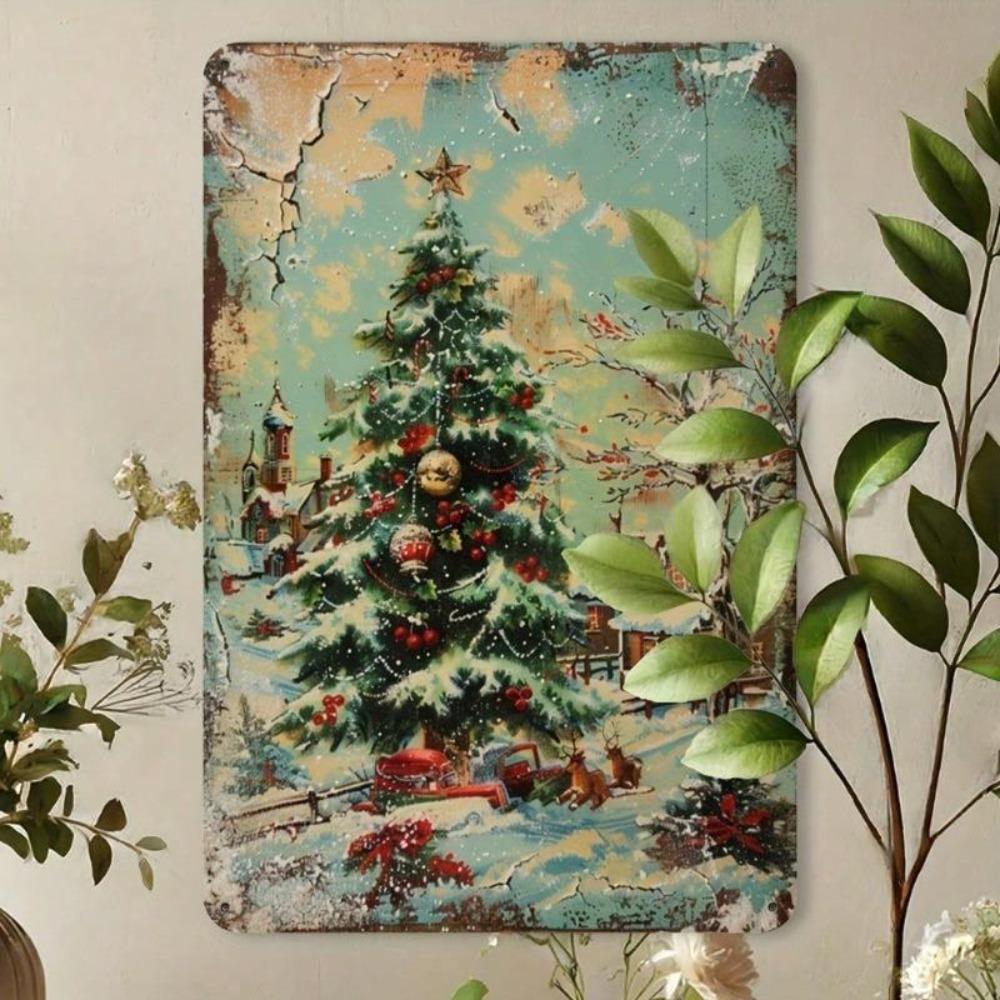 2D Vintage Christmas Tree Snow Village Metal Tin Sign 8x12 Inch Holiday Wall Decor Aluminum Craft Pre Drilled Holes For Home Bar Cafe Garage