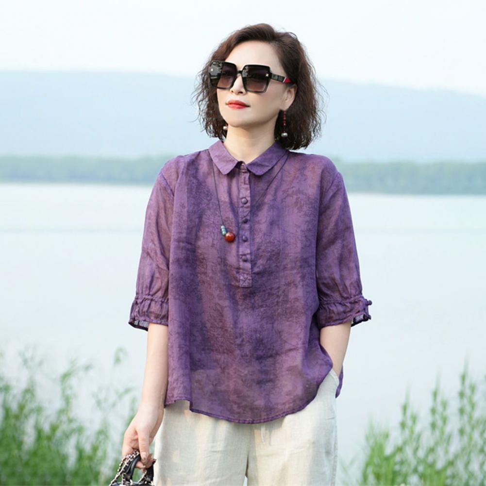Women's Shirt Half Sleeve Lapel Loose Fit Thin Shirt Tops Buttons Neckline Pullover Tops Jacquard Print Solid Color
