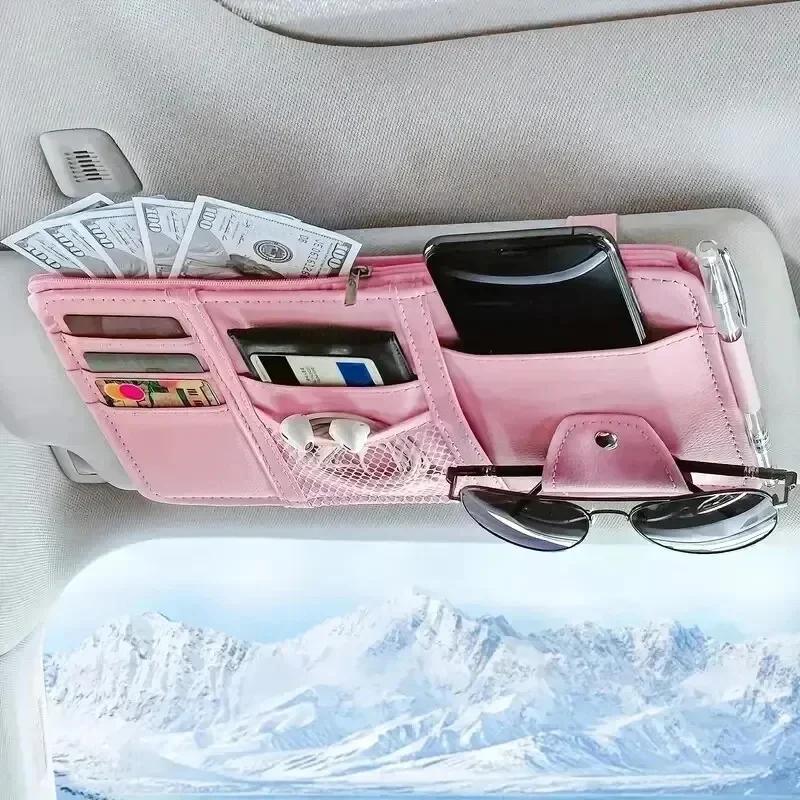 Car Sun Visor Organizer - Universal Phone Holder with Sunglass & Card Storage розовый