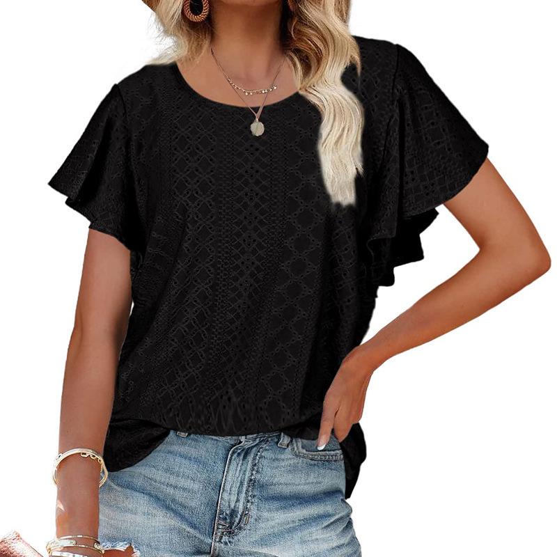 Summer new European and American women s clothing women s top hollow waist lotus leaf sleeve casual T-shirt S чёрный