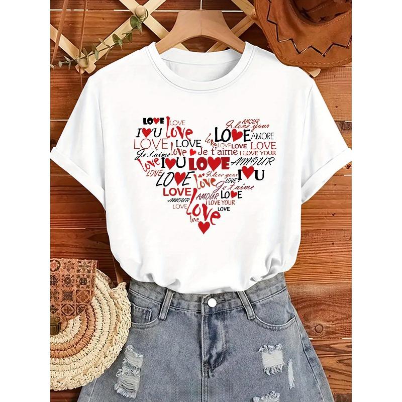 Europäische Größe Damen Lässiges Rundhals-T-Shirt mit "Ich liebe dich" Herz-Grafikdruck, Kurzarm, Weicher Polyesterstoff, Perfekt für alle Jahreszeiten