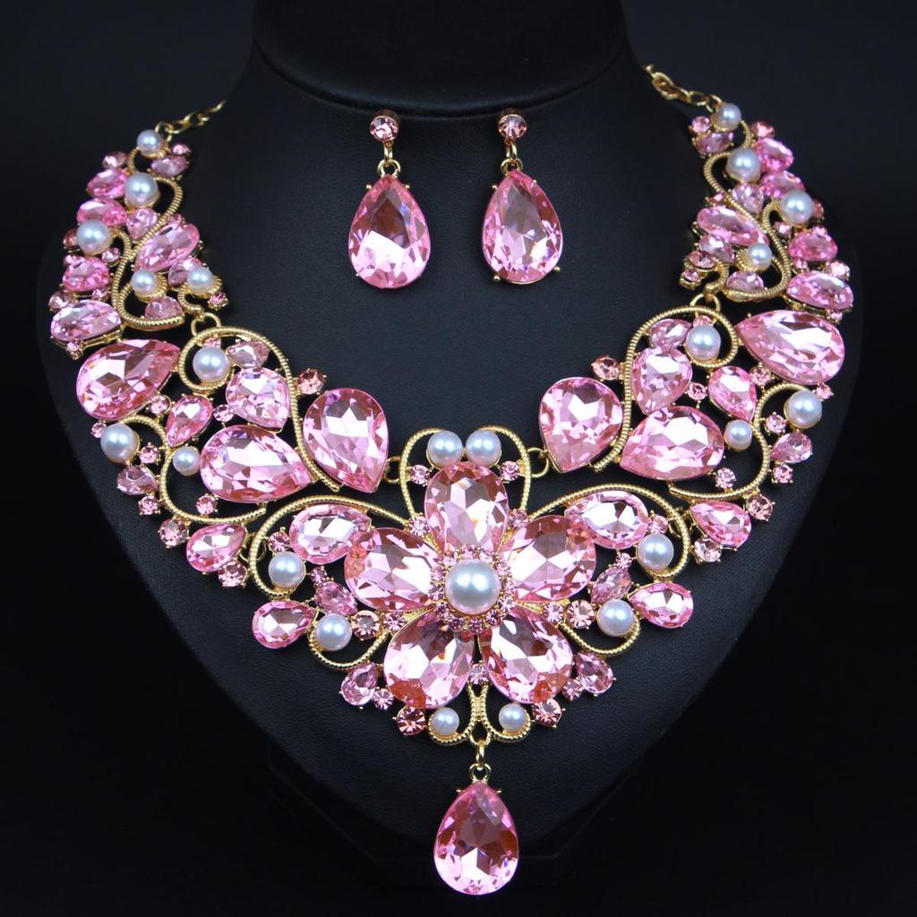 Elegant Cross-Border Fashion Flower Crystal Necklace & Earring Set for Brides