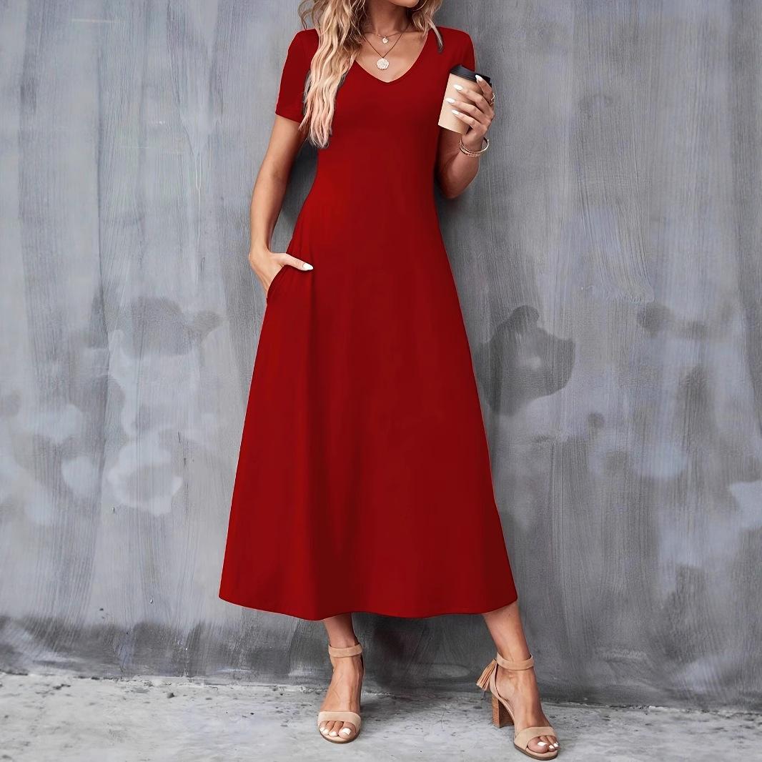 

A New Summer Plus-size Casual V-neck Solid-color Short-sleeved Women s Dress 5XL бордовий
