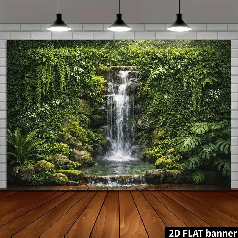 2D Tropical Monstera Fern Cascade Waterfall Photo Background Cloth 47.2x31.5inch/120*80cm