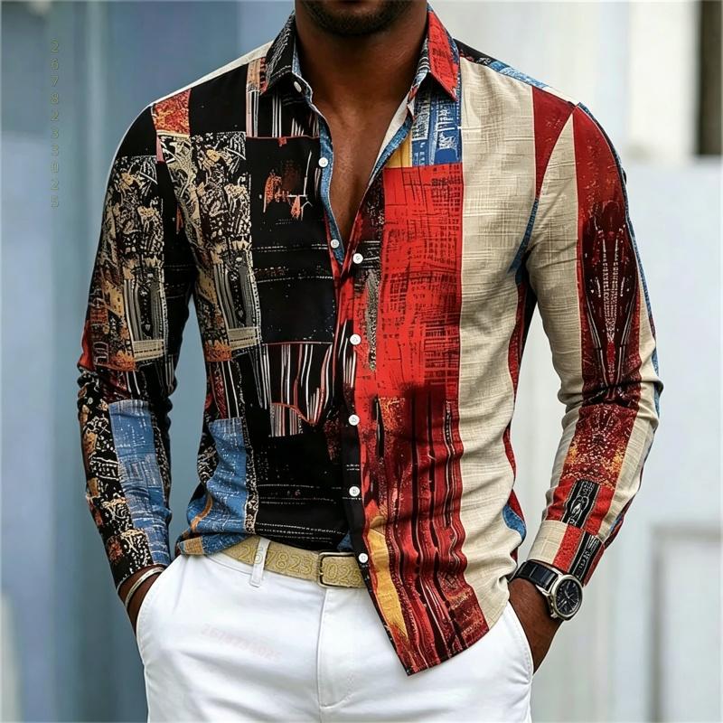 Men's Shirt, Casual Long Sleeved Shirt, Contrasting Color Patchwork Printed Shirt, Fashionable Casual Single Breasted Men's Shir