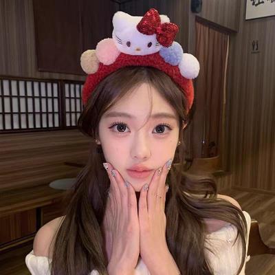 Kawaii Red Hello Kitty Face Wash Hairband Women'S Hairpin Anime Sanrio Plush Headband Hair Accessories Holiday Gift